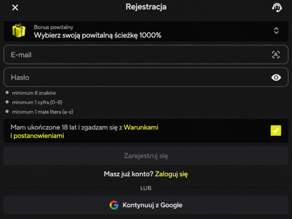 Rejestracja na stronie z wyborem bonusu powitalnego do kasyna live